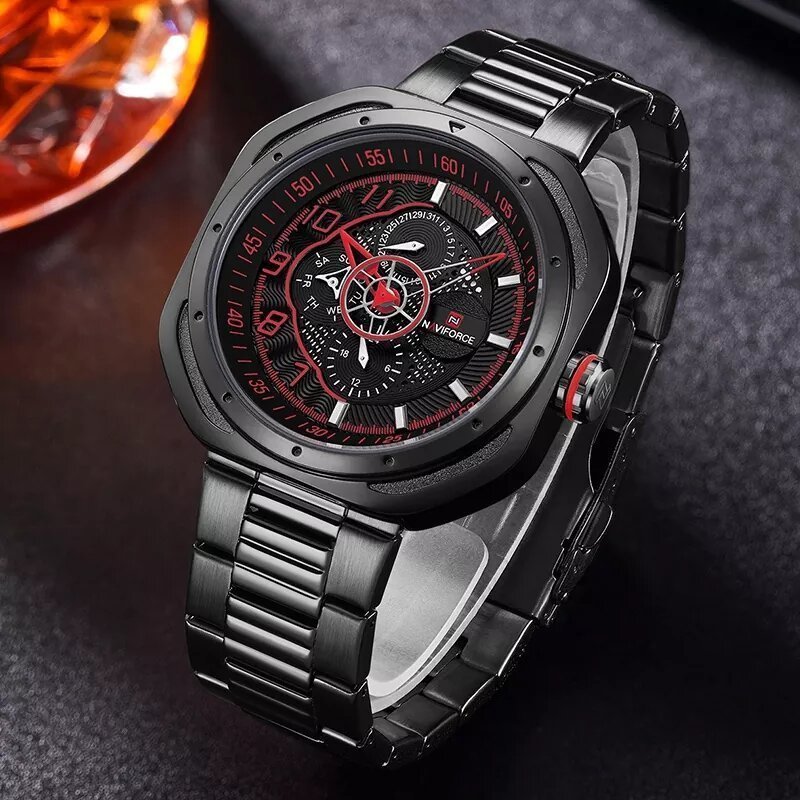 Naviforce NF9141 Six Hands Rounded Square Quartz Watch Leather Strap