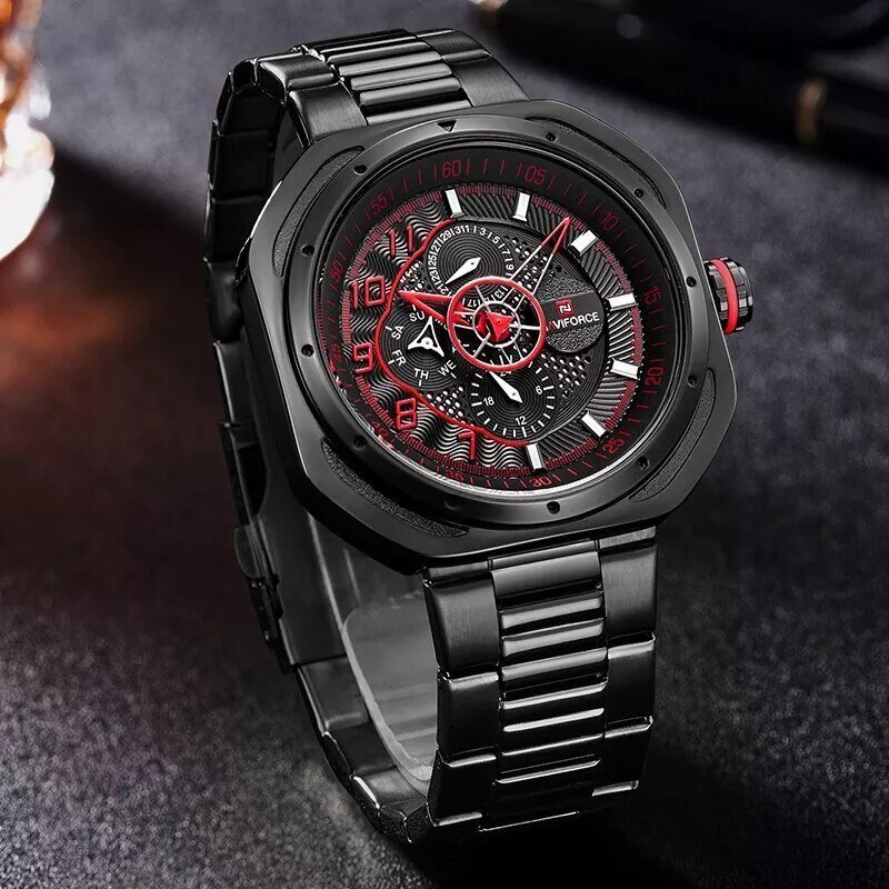 Naviforce NF9141 Six Hands Rounded Square Quartz Watch Leather Strap