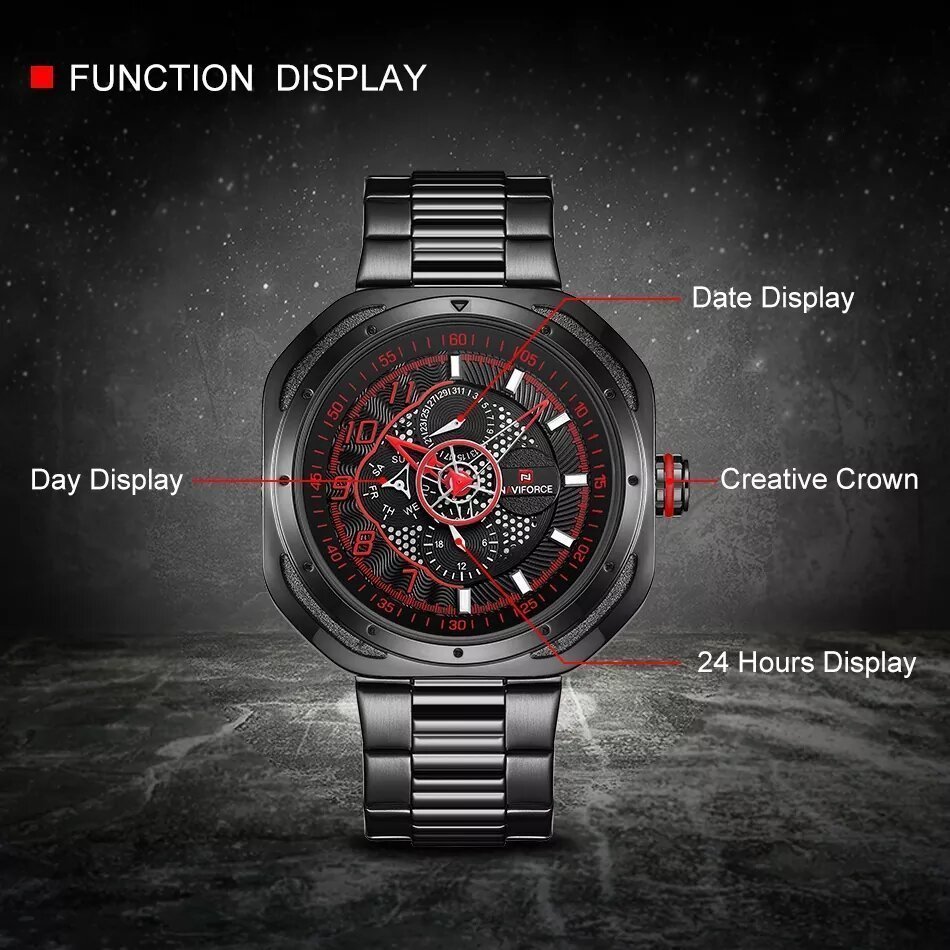 Naviforce NF9141 Six Hands Rounded Square Quartz Watch Leather Strap