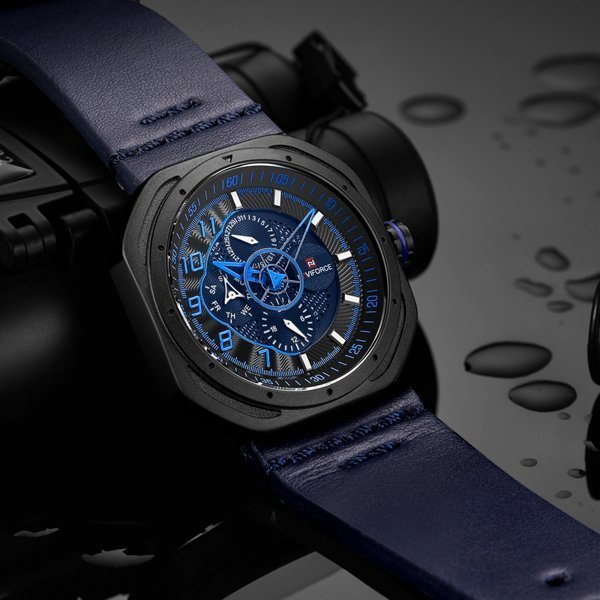 Naviforce NF9141 Six Hands Rounded Square Quartz Watch Leather Strap