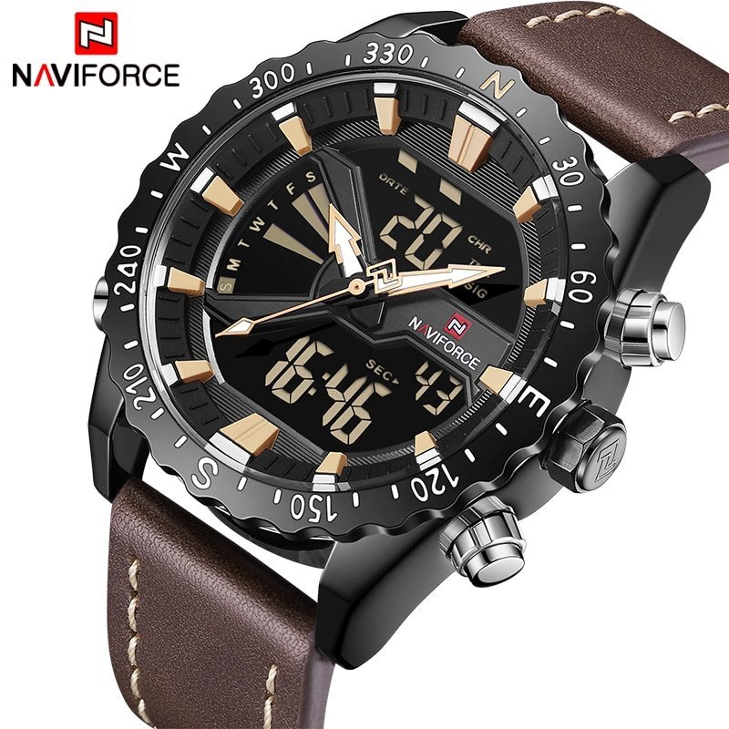 NAVIFORCE 9136 Men Military Sports Watches Men's Quartz Analog Digital Clock Man Leather Wrist Watch