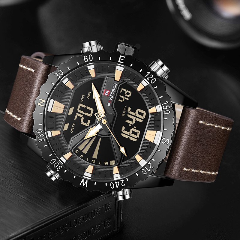 NAVIFORCE 9136 Men Military Sports Watches Men's Quartz Analog Digital Clock Man Leather Wrist Watch