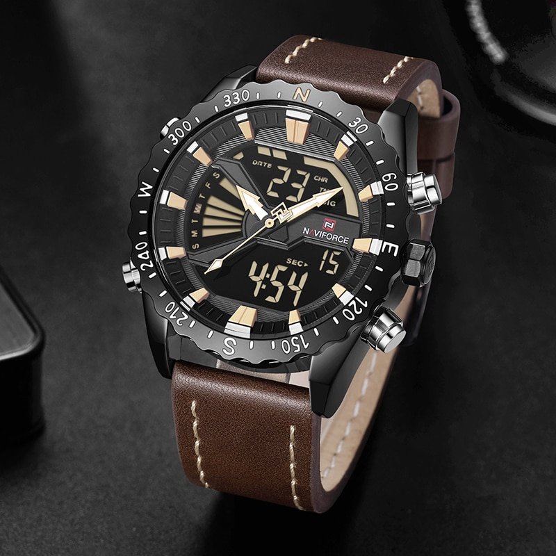NAVIFORCE 9136 Men Military Sports Watches Men's Quartz Analog Digital Clock Man Leather Wrist Watch