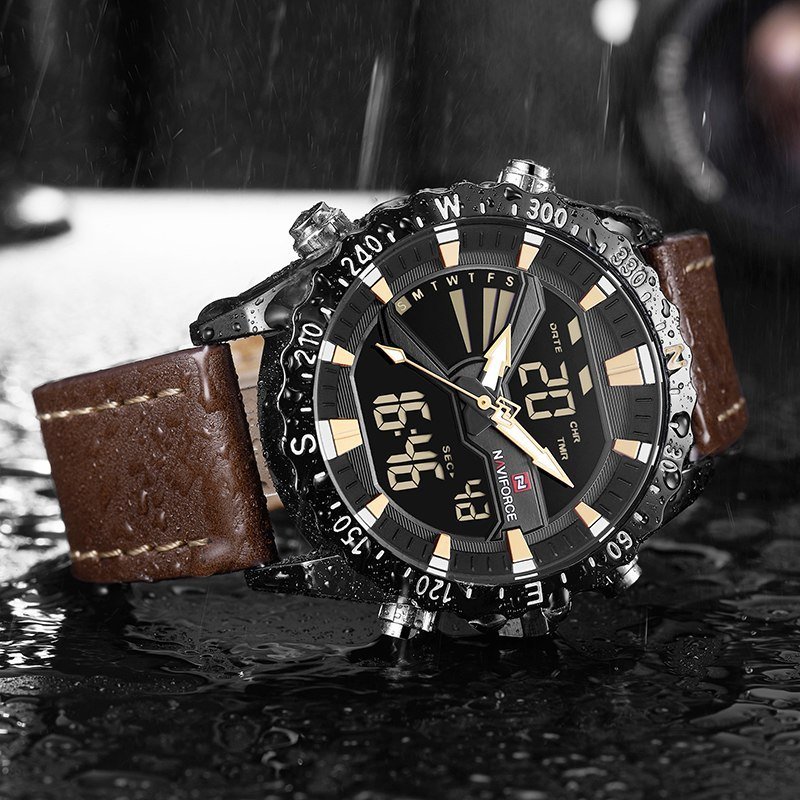 NAVIFORCE 9136 Men Military Sports Watches Men's Quartz Analog Digital Clock Man Leather Wrist Watch