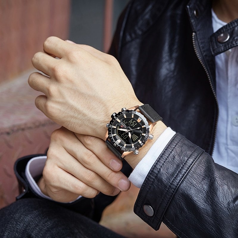 NAVIFORCE 9136 Men Military Sports Watches Men's Quartz Analog Digital Clock Man Leather Wrist Watch