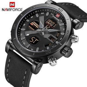 NAVIFORCE 9132 Men's Watches Sport Military Dual Display Leather Watch Round 3ATM Waterpoof Multifunction Wristwatch Male Clock