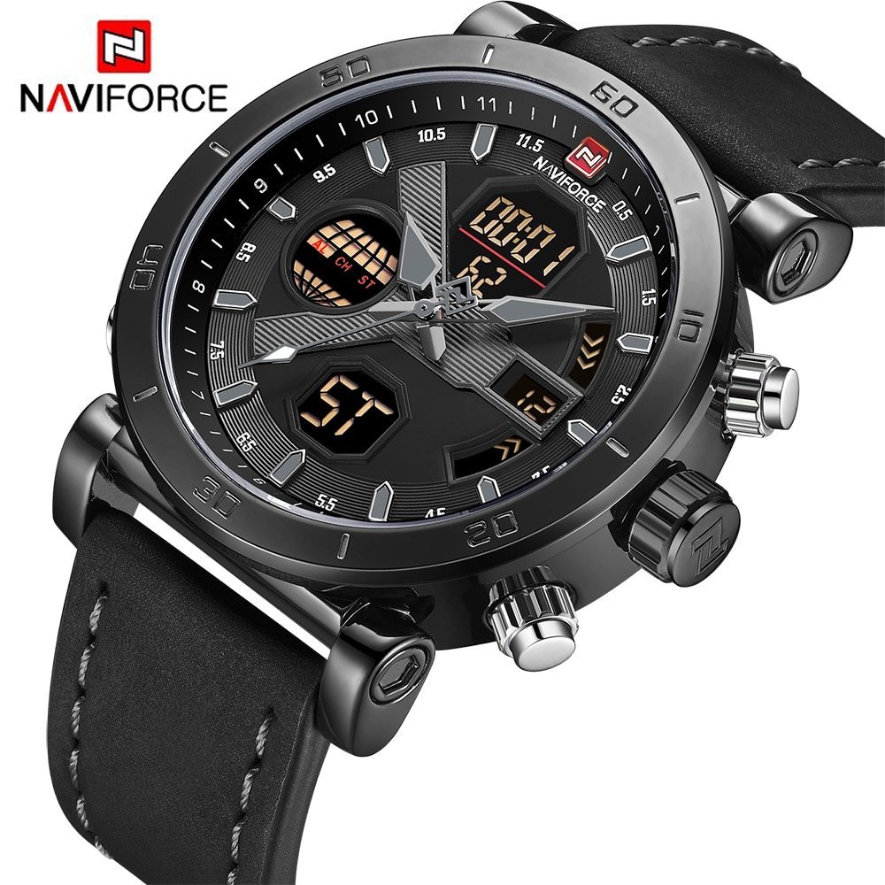 NAVIFORCE 9132 Men's Watches Sport Military Dual Display Leather Watch Round 3ATM Waterpoof Multifunction Wristwatch Male Clock