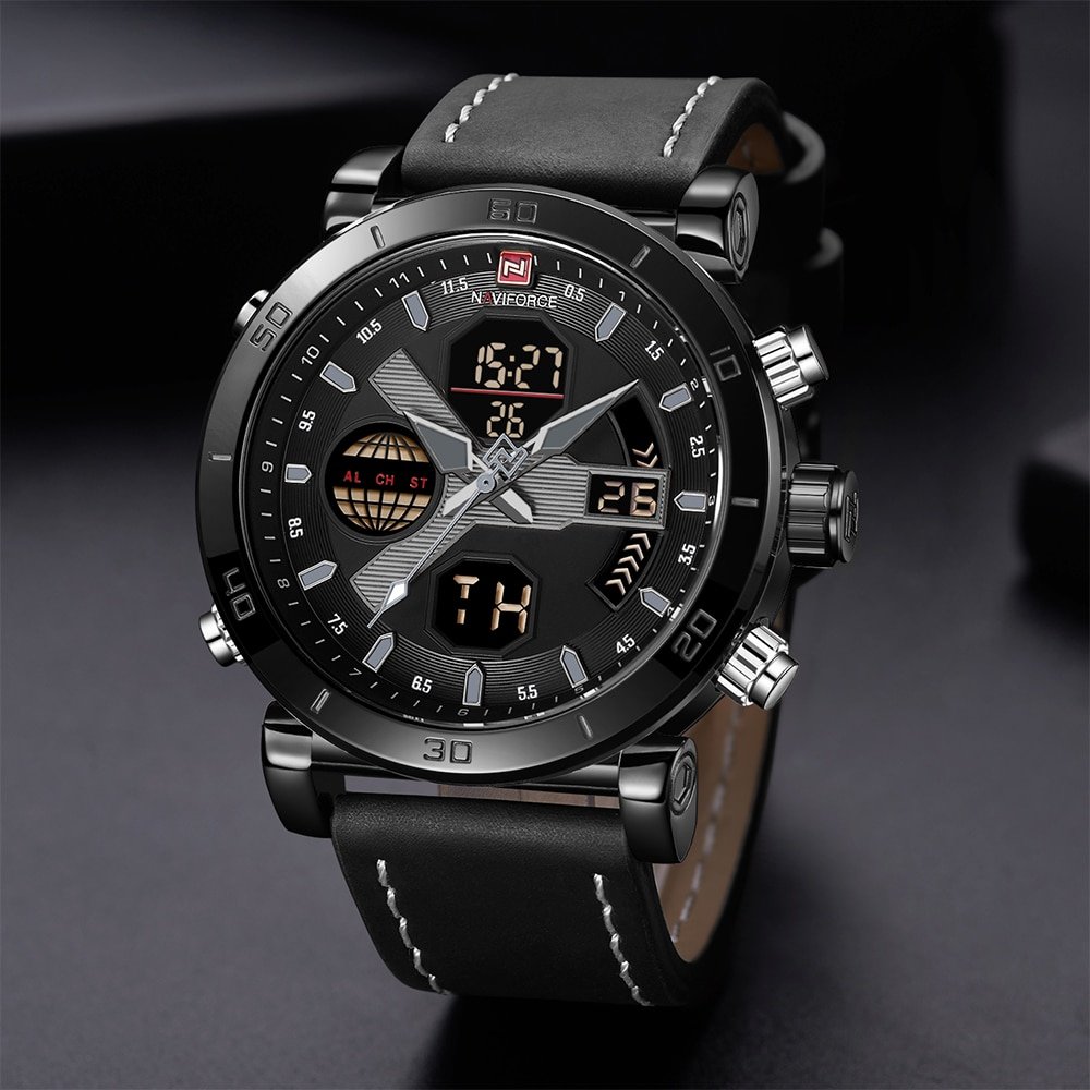 NAVIFORCE 9132 Men's Watches Sport Military Dual Display Leather Watch Round 3ATM Waterpoof Multifunction Wristwatch Male Clock