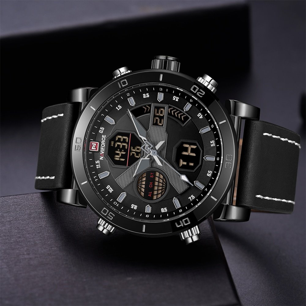 NAVIFORCE 9132 Men's Watches Sport Military Dual Display Leather Watch Round 3ATM Waterpoof Multifunction Wristwatch Male Clock