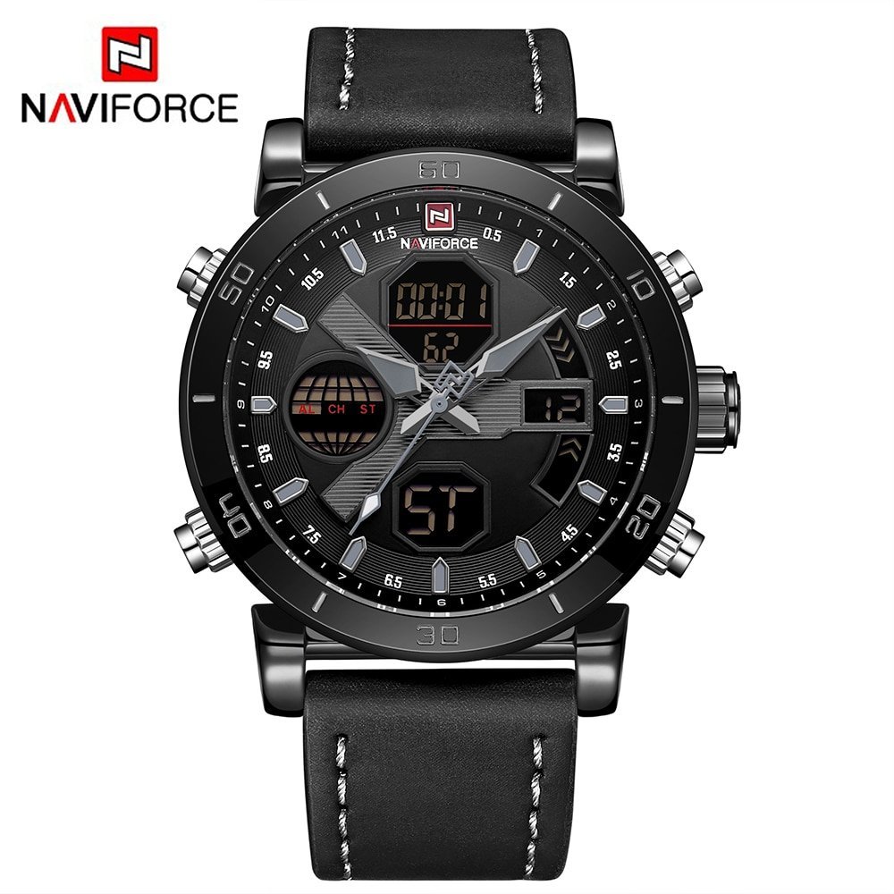 NAVIFORCE 9132 Men's Watches Sport Military Dual Display Leather Watch Round 3ATM Waterpoof Multifunction Wristwatch Male Clock