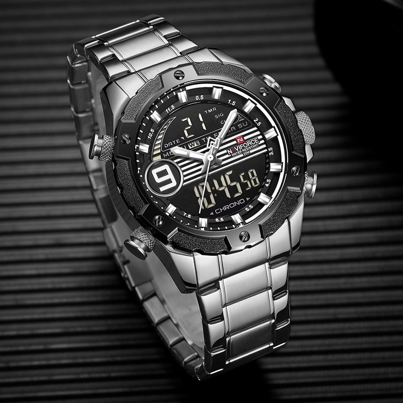 Naviforce 9146 Mens Leather LCD Quartz Wrist Watch