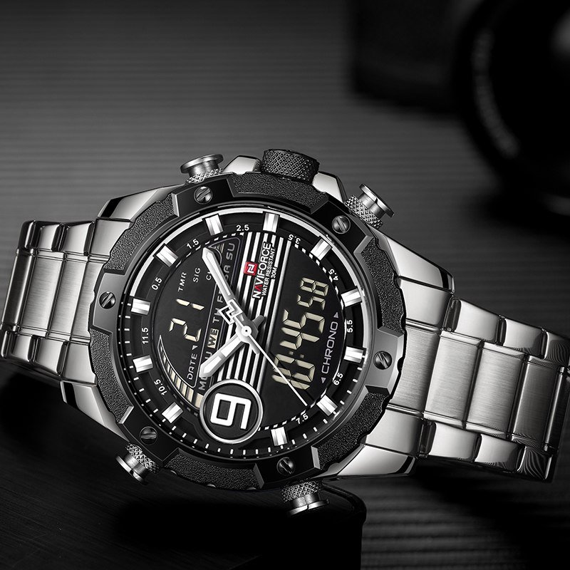 Naviforce 9146 Mens Leather LCD Quartz Wrist Watch