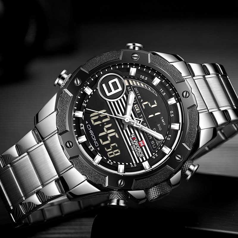 Naviforce 9146 Mens Leather LCD Quartz Wrist Watch