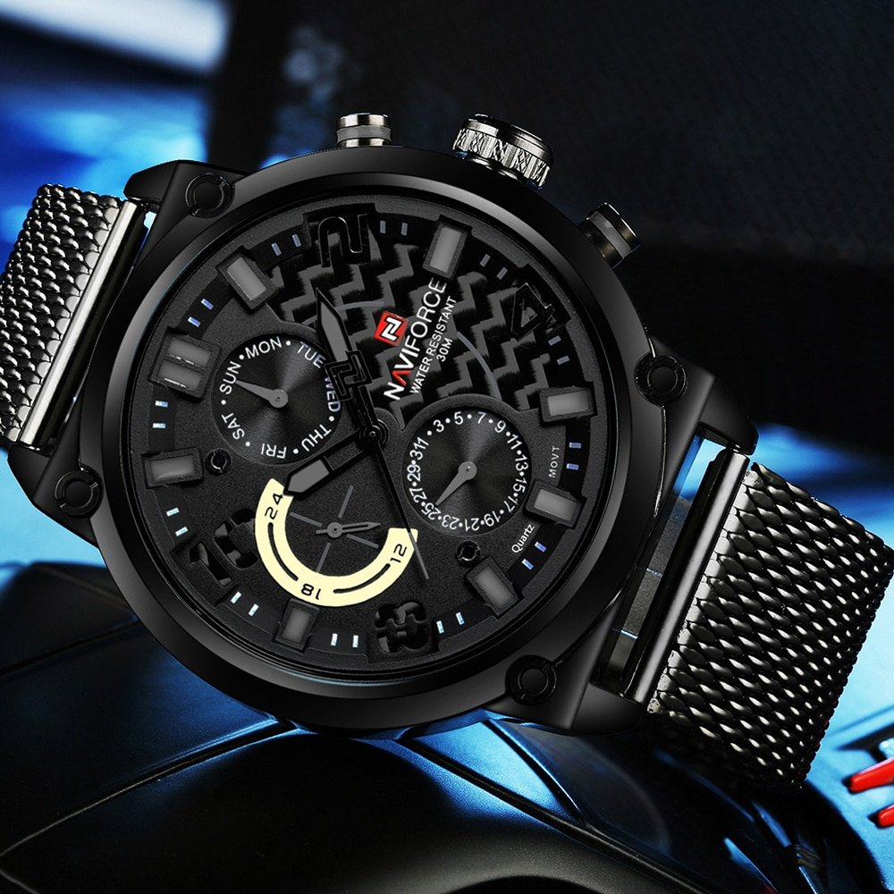 NAVIFORCE 9068 - Black Stainless Steel Chronograph Watch for Men