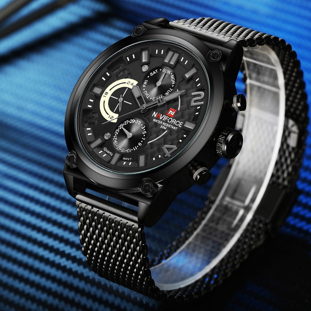 NAVIFORCE 9068 - Black Stainless Steel Chronograph Watch for Men