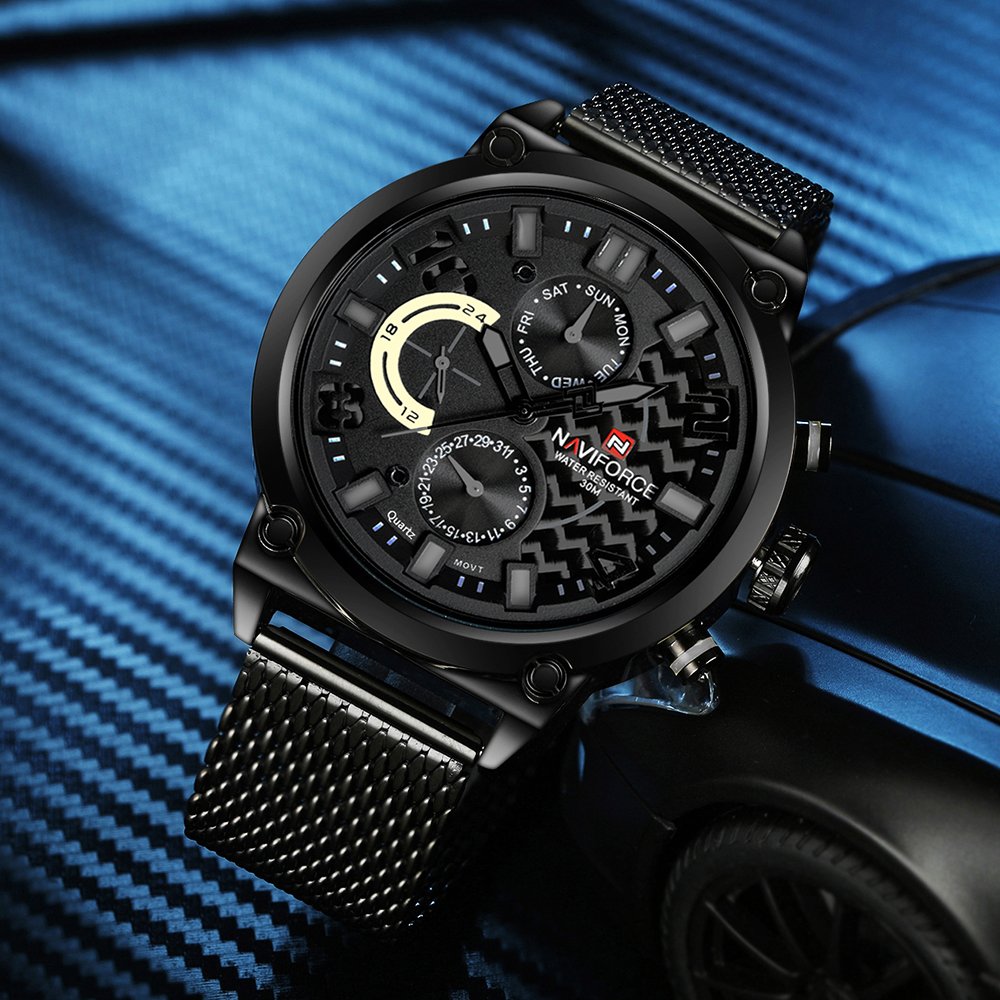 NAVIFORCE 9068 - Black Stainless Steel Chronograph Watch for Men