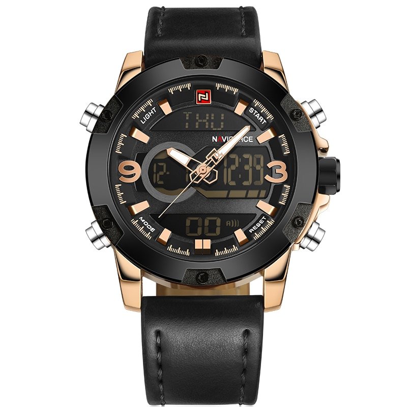 NAVIFORCE 9097 Luxury Brand Dual Display Analog Digital Leather Sports Watch For Men