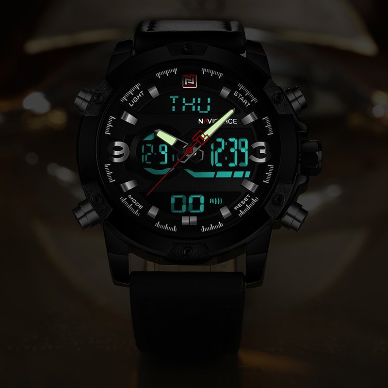 NAVIFORCE 9097 Luxury Brand Dual Display Analog Digital Leather Sports Watch For Men