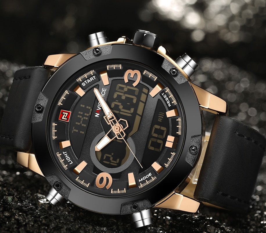 NAVIFORCE 9097 Luxury Brand Dual Display Analog Digital Leather Sports Watch For Men