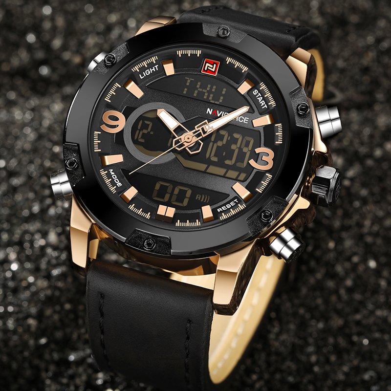 NAVIFORCE 9097 Luxury Brand Dual Display Analog Digital Leather Sports Watch For Men