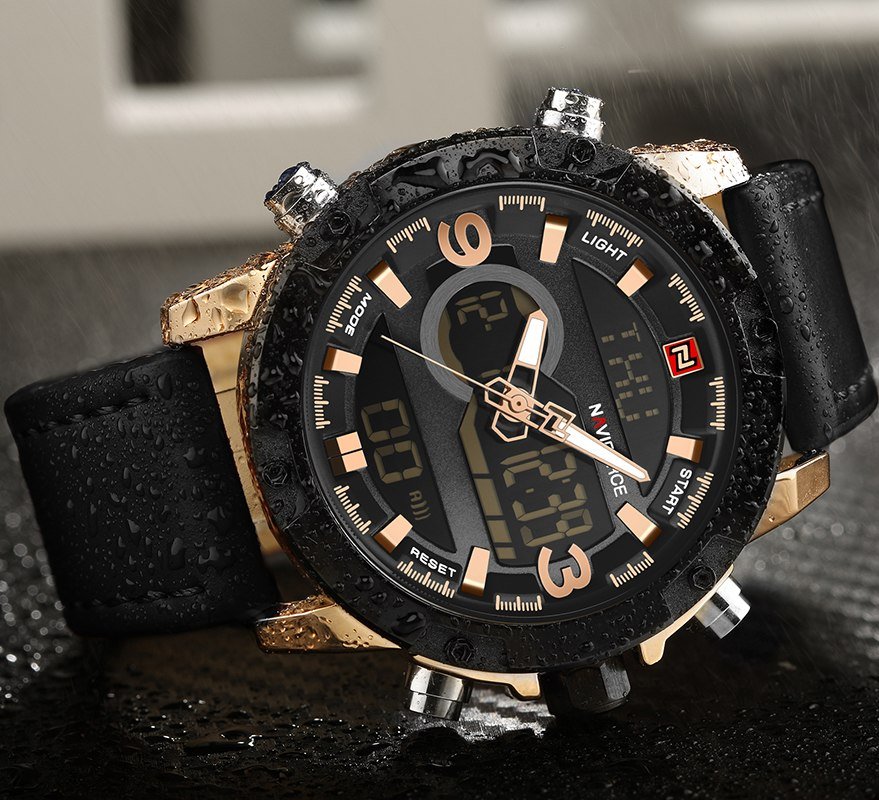 NAVIFORCE 9097 Luxury Brand Dual Display Analog Digital Leather Sports Watch For Men