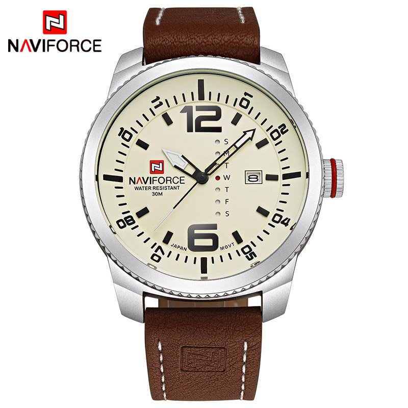 Naviforce 9063 Luxury Brand PU Leather Date and Week Display Analog Watch For Men