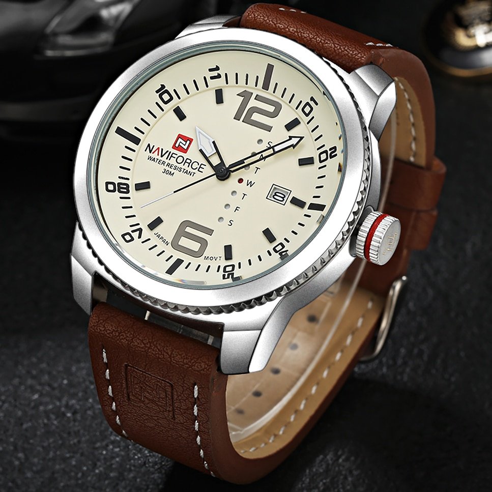 Naviforce 9063 Luxury Brand PU Leather Date and Week Display Analog Watch For Men