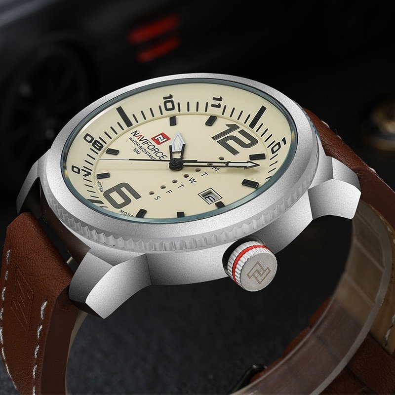 Naviforce 9063 Luxury Brand PU Leather Date and Week Display Analog Watch For Men