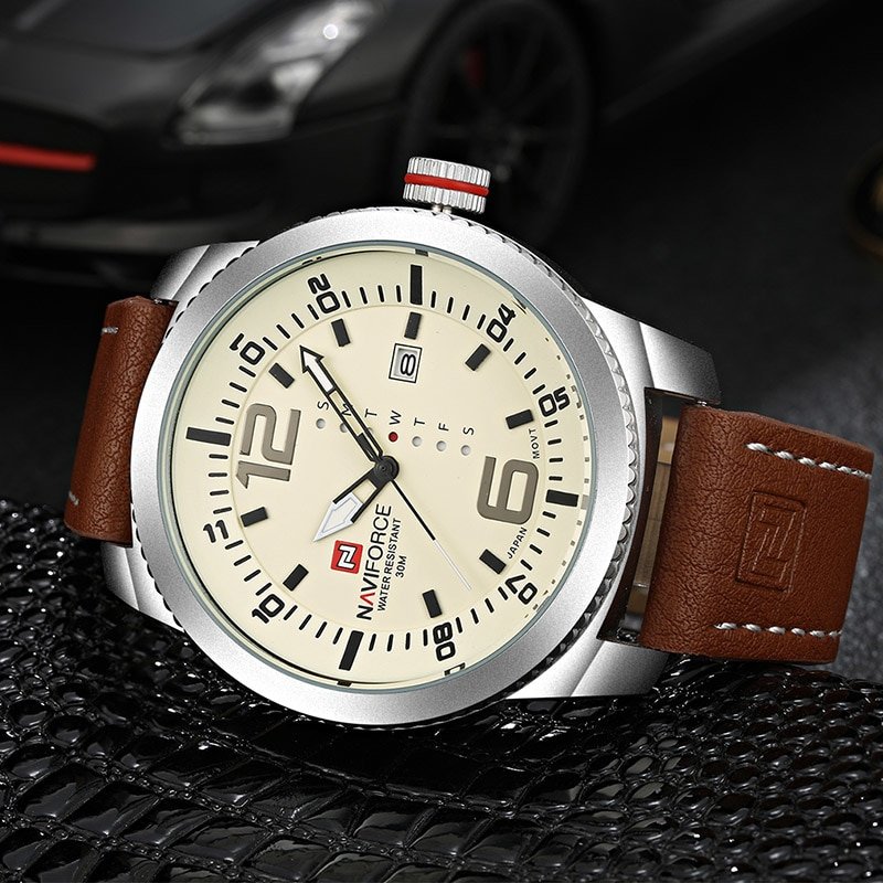 Naviforce 9063 Luxury Brand PU Leather Date and Week Display Analog Watch For Men