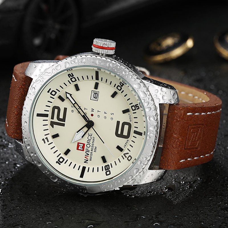 Naviforce 9063 Luxury Brand PU Leather Date and Week Display Analog Watch For Men