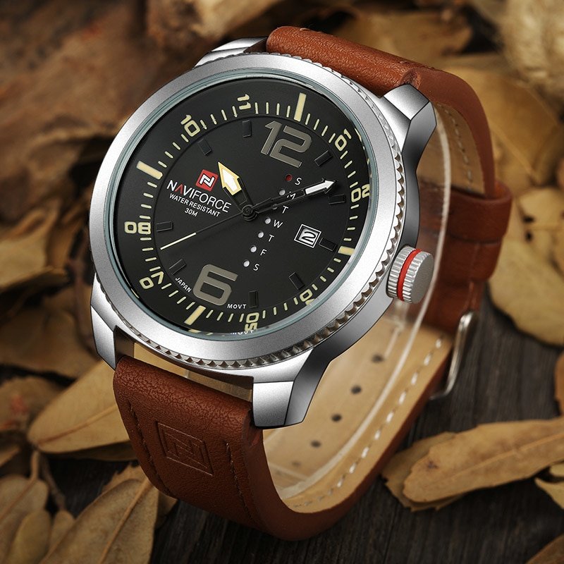 Naviforce 9063 Luxury Brand PU Leather Date and Week Display Analog Watch For Men