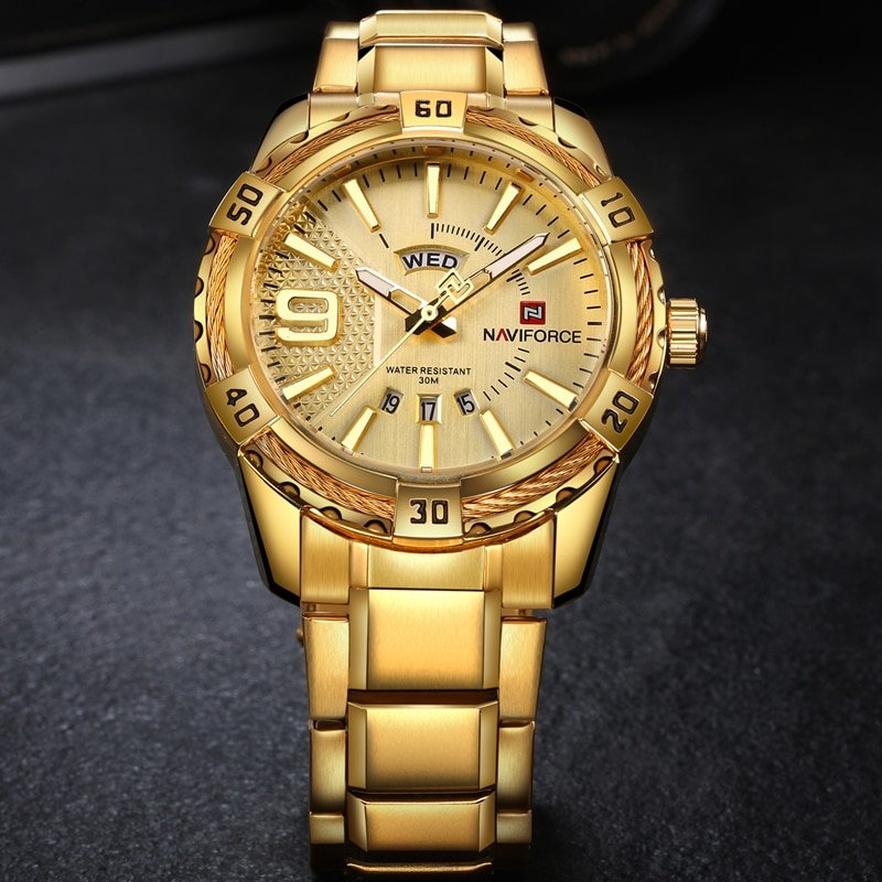 NAVIFORCE 9117 Luxury Brand Mens Sport Watch Gold Full Steel Quartz Watches