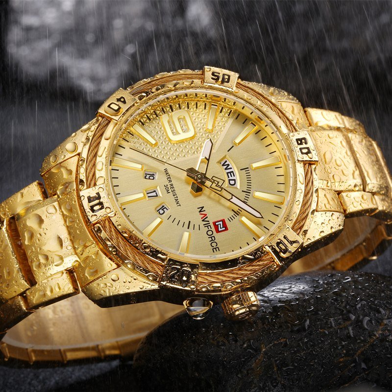 NAVIFORCE 9117 Luxury Brand Mens Sport Watch Gold Full Steel Quartz Watches