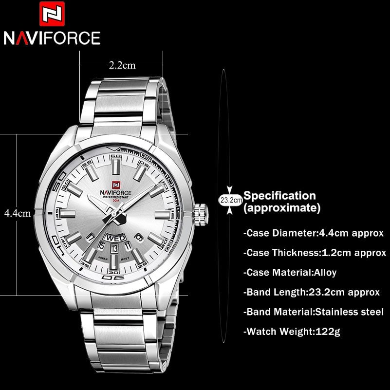 Naviforce 9038 Luxury Men Quartz Stailness Steel watch week and date display