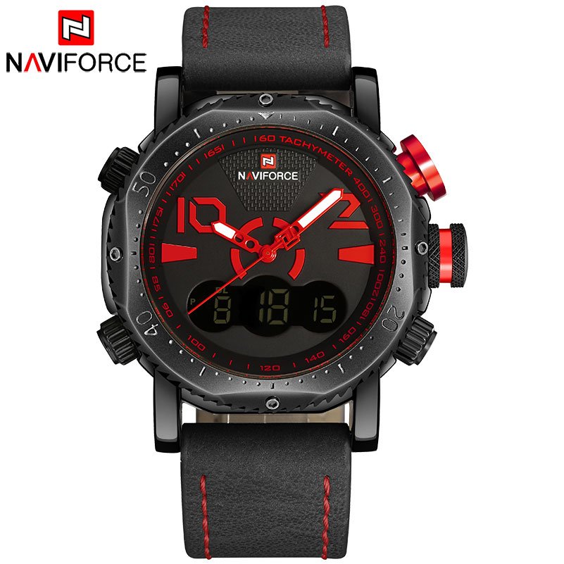 NAVIFORCE 9094 Men Sport Watch Dual Display Digital Watch Leather Quartz Watch