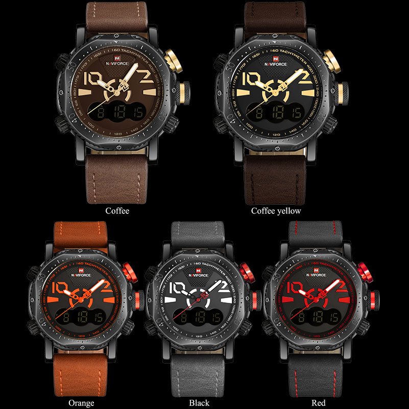 NAVIFORCE 9094 Men Sport Watch Dual Display Digital Watch Leather Quartz Watch