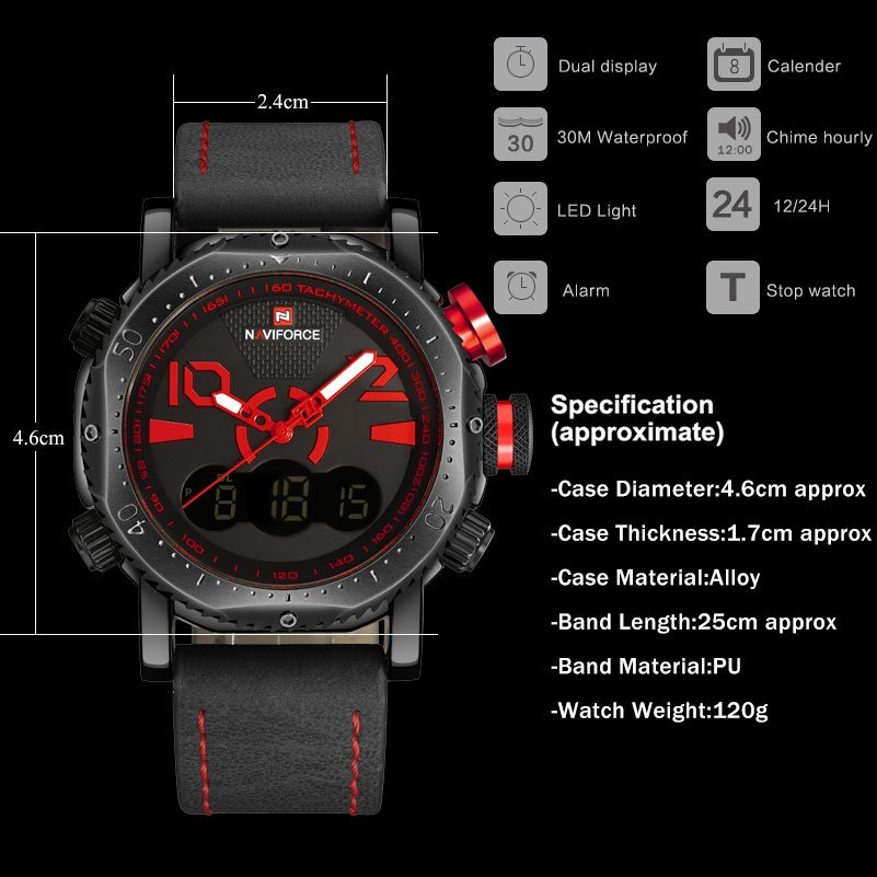 NAVIFORCE 9094 Men Sport Watch Dual Display Digital Watch Leather Quartz Watch