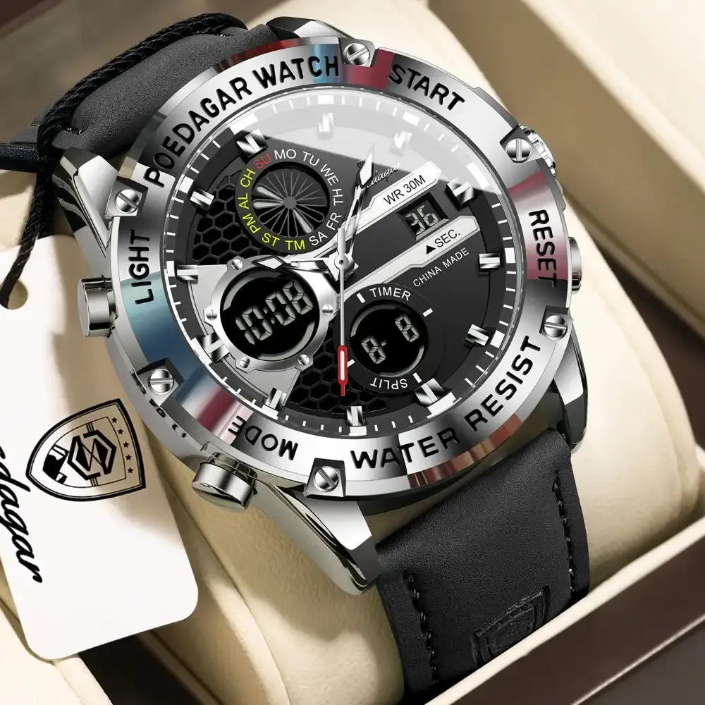 Poedagar E125 Dual Time Watch Silver Black